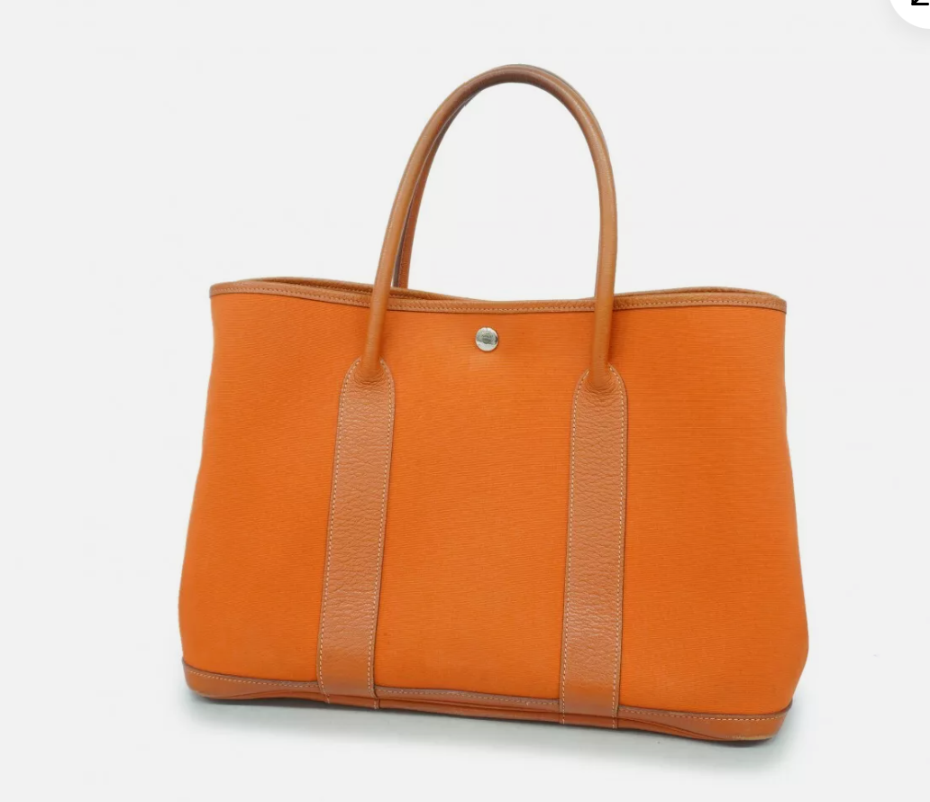 Hermes Garden Party 36 Tote Bag Orange Toile Canvas Brown Leather