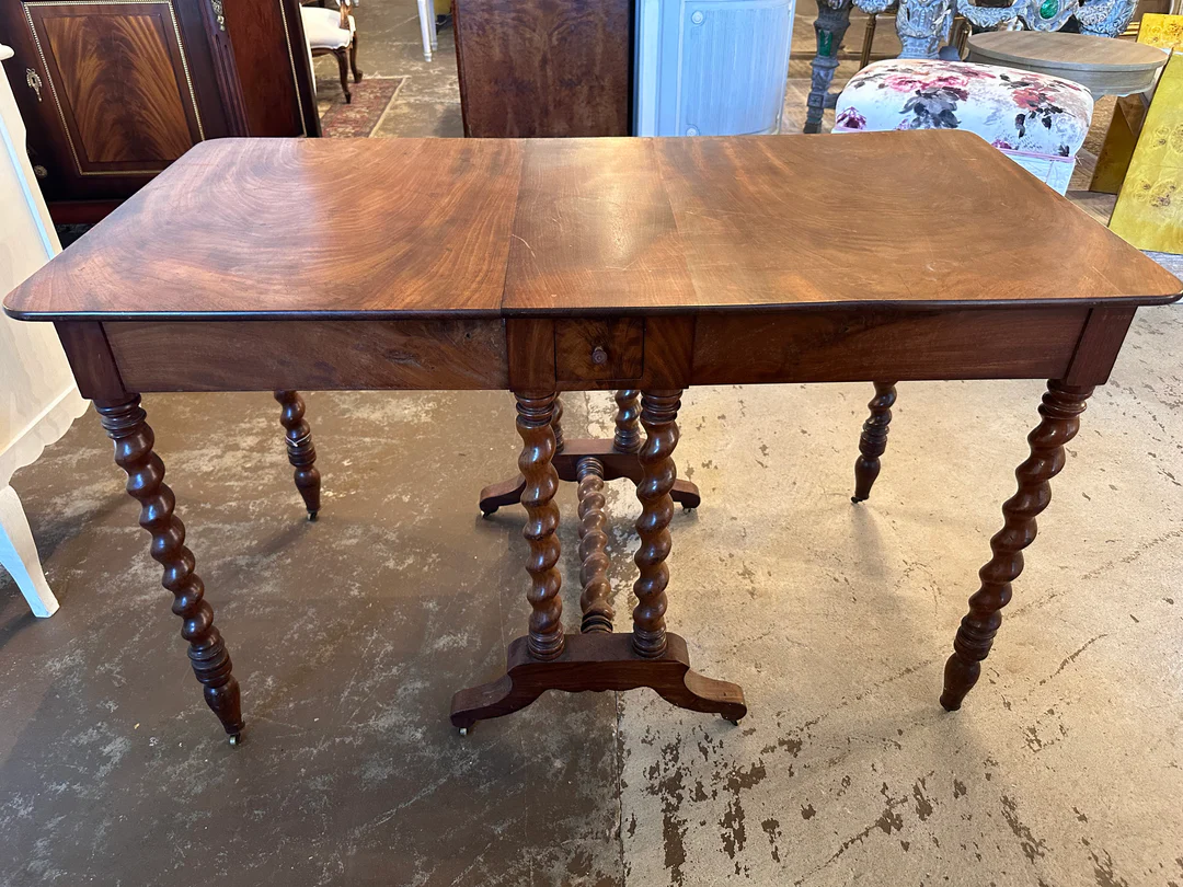 Antique English Mahogany Gateleg Drop Leaf Dining Table w/ Barley Twist Legs